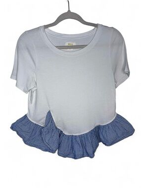 Anthropologie White T-Shirt Blue Stripe Ruffle Hem Top Size Small Women’s